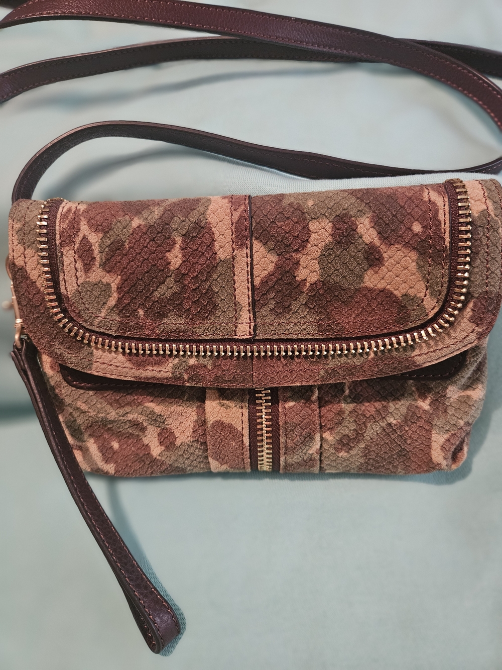 B. Makowsky Brown, Olive Green & Tan Camouflage Suede Crossbody with Gold Zipper